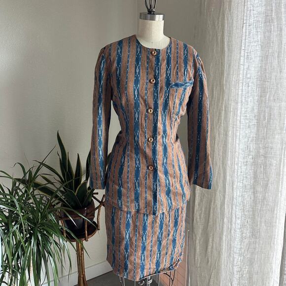 Vintage Women’s Medium Skirt Set Brown Blue Striped Cotton Linen (?) Two-Piece - Picture 1 of 2